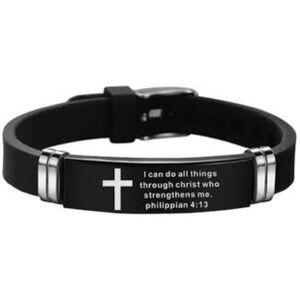 Inspirational Bracelet Philippians 4:13 Black Silicone Stainless Mens or Womens